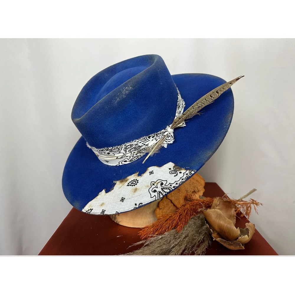 Rev Ran Hats Royal Blue Western Hat Bandana Feather Accent Size 7 View 2